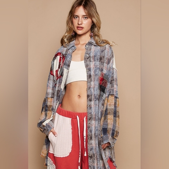 NWT POL Peace Plaid Patchwork Oversize Button down Bohemian Shirt Shacket - Picture 8 of 10